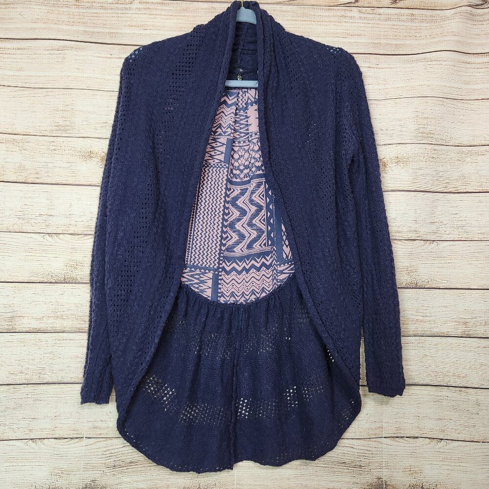 Knitted & Knotted Open Front Cardigan Sweater Blue Purple Size S Crochet Knit